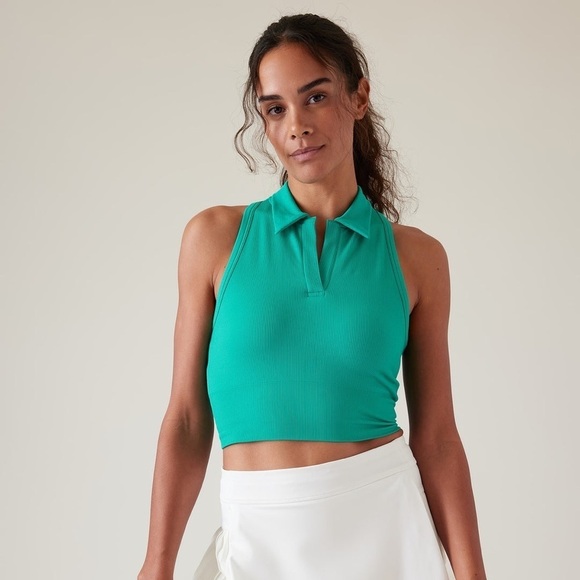 Athleta Bright Tropics Green Ribbed Aurora Seamless Crop Polo Tank Top EUC Sz S - Picture 1 of 12
